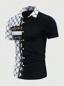 Manfinity Homme 男士巴洛克印花图案彩色短袖休闲衬衫，夏季，送给男朋友的礼物 - 黑與白 - 查看 3