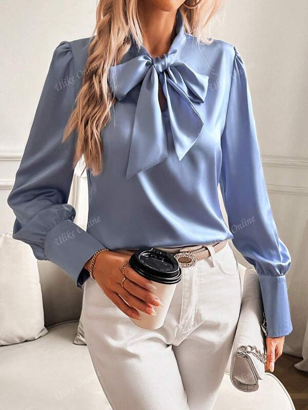 Women's Solid Color Ribbon Neck Lantern Sleeve Elegant Shirt, Spring/Summer