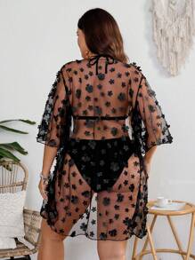 SHEIN Swim Curve Plus Size Women's Floral Mesh Decoration Swimsuit Summer - Black - View 2
