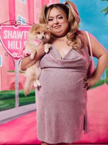 SHEIN SXY 加大斜領露背閃爍吊帶性感晚禮服，性感外出俱樂部裝