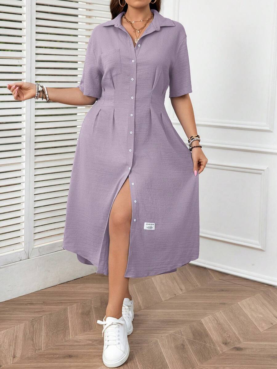 SHEIN LUNE Plus Size Solid Color Single Breasted Textured Fabric Short Sleeve Women's Dress - Mauve Purple - View 1