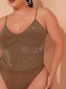 Hauture Rhinestone Studded Cami Bodysuit - Brown - View 5