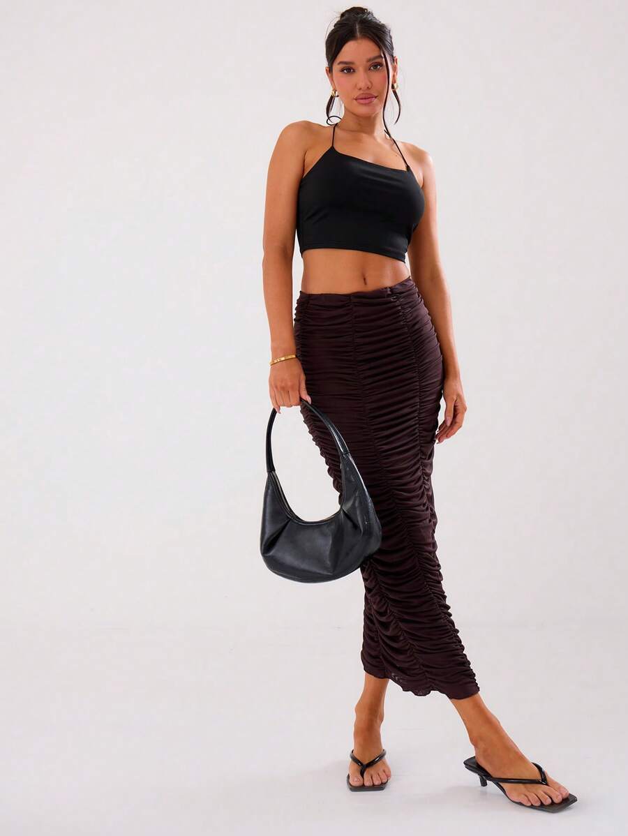 MUSERA Mesh Double Ruched Fitted Maxi Skirt Elegant Summer Sexy Party - Brown - View 1