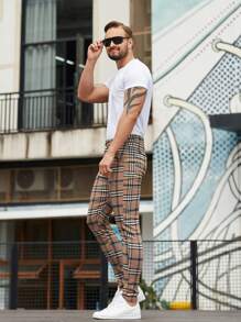 ALLELMS Men Checked Dress Pants Slim Fit Stretch Chinos Plaid Pants , Fall - Brown - View 5