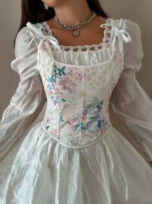 女士蝴蝶結腰帶裝飾長袖修身上衣 - 彩色 - 查看 4