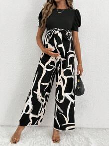 SHEIN 孕婦短袖圓領打結前拉鍊後連身裝