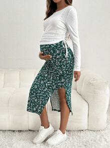 SHEIN Bộ sản phẩm dành cho bà bầu hàng ngày Áo vest không tay cổ tròn có thể điều chỉnh eo đàn hồi và xẻ bên hông, Bộ 2 món Slim Fit - màu xanh lá - Xem 3