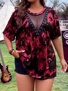 SHEIN MOOSTA 大码女式夏季扎染印花撞色网眼圆领短袖休闲T恤新年衣服图案T恤女式上衣 - 紅色 - 查看 1