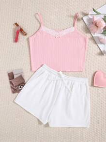 SHEIN Teen Girl Fresh & Sweet Bowknot Lace Trimmed Cami Top With Waist Drawstring Shorts, Summer Pajama Set