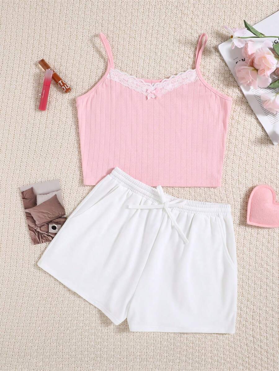 SHEIN Teen Girl Fresh & Sweet Bowknot Lace Trimmed Cami Top With Waist Drawstring Shorts, Summer Pajama Set