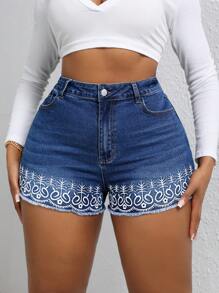 Slaydiva Plus Size Stretch Denim Fashion Embroidered Shorts - Blue - View 2