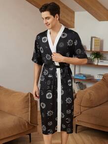 Men Sun & Moon Print Contrast Trim Belted Satin Robe - Black - View 4