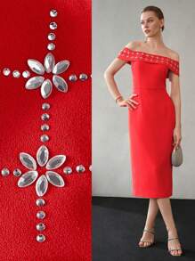 MOTF PREMIUM RHINESTONE FOLDOVER OFF SHOULDER BODYCON DRESS