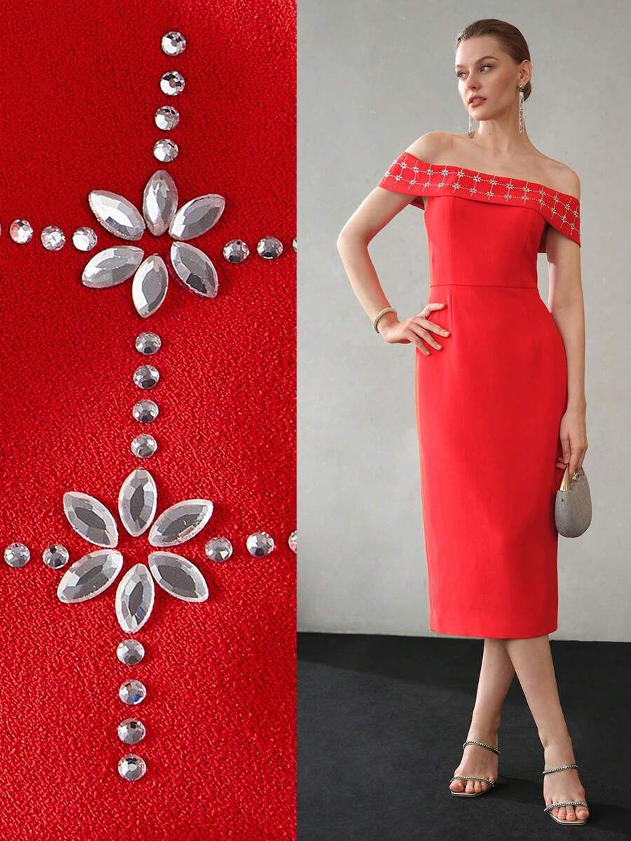 MOTF PREMIUM RHINESTONE FOLDOVER OFF SHOULDER BODYCON DRESS