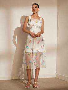 Aveloria Rosie Vestido de vacaciones para mujer, tirantes finos y sin mangas, con malla transparente de hada y bordado