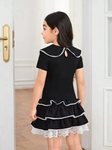 Young Girl Knitted Solid Color Bowknot Top And Woven Mesh Skirt Two Pieces Set - Black - View 2