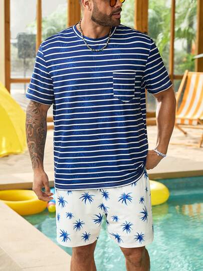 Manfinity RSRT Men's Plus Size Striped Printed Round Neck Short Sleeve Casual T-Shirt And Palm Tree Printed Shorts Set, Summer