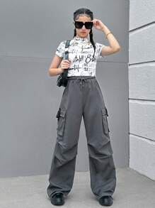 SHEIN Teen Girl Flap Pocket Drawstring Waist Cargo Pants - Grey - View 8