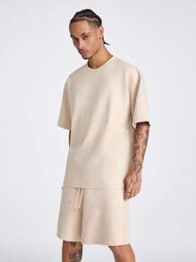 Manfinity VCAY 男士寬鬆圓領短袖T恤，繡有英文字母，適合夏季 - 杏色 - 查看 4