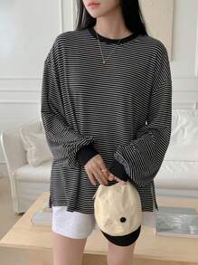 DAZY 女士条纹圆领落肩长袖T恤，新款秋季，返校服，秋季女装