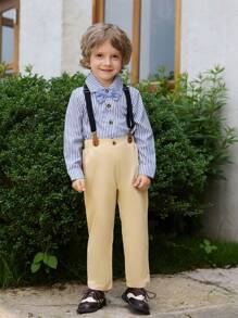 SHEIN 少年紳士2入組藍條紋編織领結長袖衬衫和卡其色編織褲子，带可調節吊帶，时尚，適用於生日派對、晚宴、表演、婚禮、洗禮和首个生日派对。 - 藍色 - 查看 3