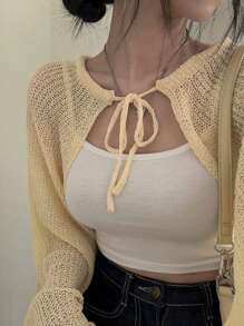 DAZY Áo len nữ dài tay khoét rỗng có cà vạt phía trước - Màu vàng - Xem 6