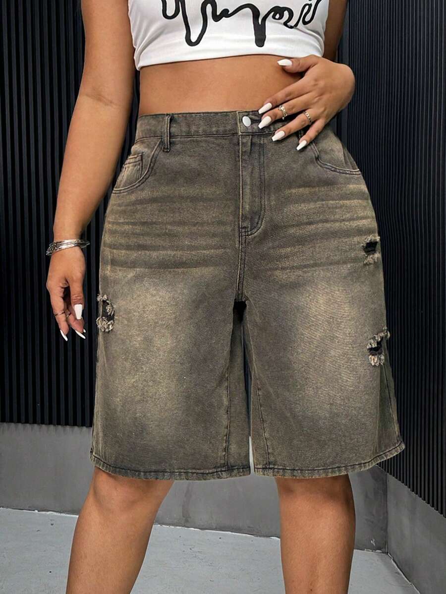 SHEIN ICON Plus High Waist Ripped Frayed Bermuda Denim Shorts - Black - View 1