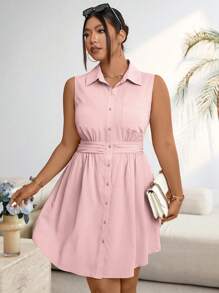 Calvaya Váy sơ mi nữ không tay một hàng khuy màu trơn cỡ lớn, mùa hè - Hồng - Xem 6