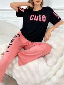 Conjunto de ropa de hogar con estampado de letras, mangas cortas y pantalones largos - Multicolor - Ver 4