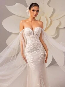 HEARBOBO 优雅蕾丝露肩超长袖薄纱鱼尾婚纱 - 白色 - 查看 9