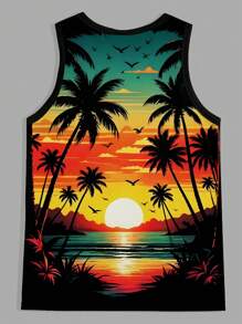 Manfinity RSRT Men Tropical Print Tank Top For Summer, Men Tank Tops Beach, Graphic Tees Men Sleeveless, Beach Tank Tops Men - Black - View 2