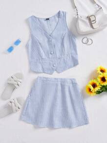 SHEIN Essnce Women's Summer Teacher Clothes Outfit Sets Casual Striped Vest, Open-Front Sleeveless Tops And Skirt Two Pieces Outfits - Blue and White - View 1
