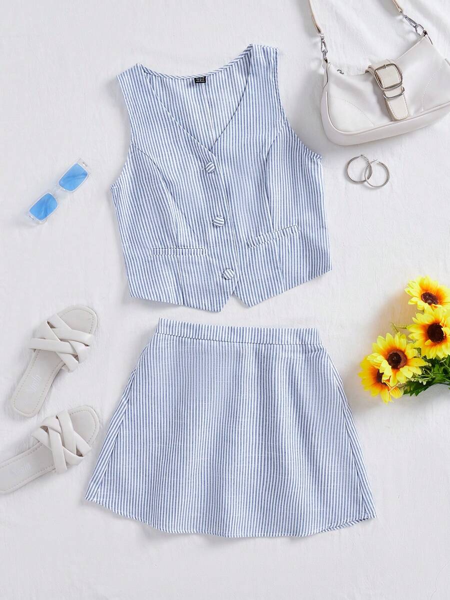 SHEIN Essnce Women's Summer Teacher Clothes Outfit Sets Casual Striped Vest, Open-Front Sleeveless Tops And Skirt Two Pieces Outfits - Blue and White - View 1