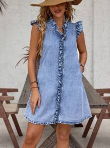 EMERY ROSE Solid Color Denim Dress With Frill Trimmed Cap Sleeve - Blue - View 3