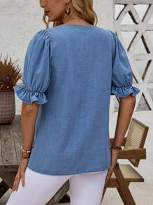 SHEIN LUNE Puff Sleeve Button Detail Denim Top For Summer