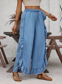 SHEIN LUNE Casual Water Washed Denim Flared Pants With Ruffle Hem