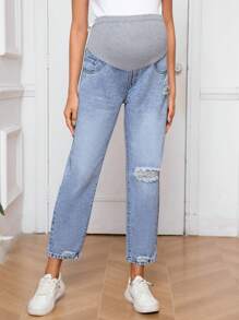 SHEIN Maternity Wideband Waist Ripped Frayed Straight Leg Jeans - Light Wash - View 3