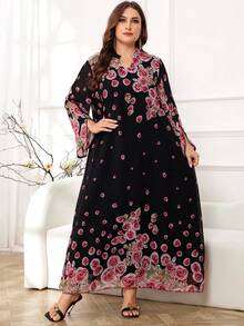 Al Najma 大码女士连衣裙，随机印花，全长优雅 Jalabiya Kaftan 宽松朴素长袖连衣裙 - 粉色 - 查看 6