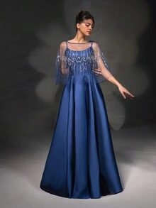 New Elegant Lace Mesh Shoulder Strap A-Line Evening Dress With Shawl - Blue - View 6