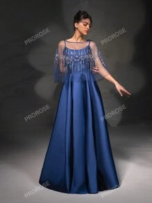 Nuovo elegante vestito da sera a trapezio con spalline in pizzo e rete con scialle