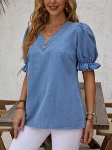 SHEIN LUNE Puff Sleeve Button Detail Denim Top For Summer
