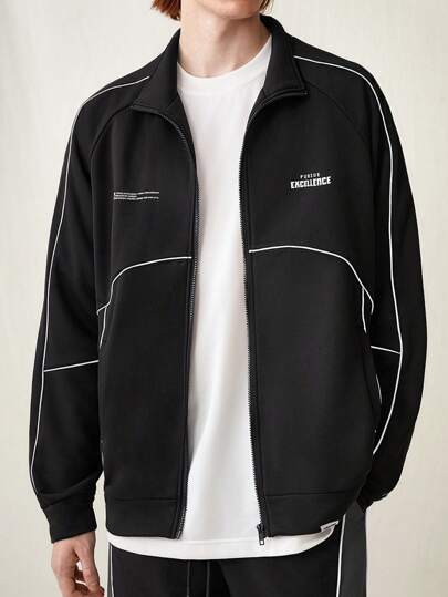 Manfinity VCAY Sudadera casual con cremallera, de manga larga, con estampado de letras inglesas reflectantes, de punto, para hombre, para otoño e invierno