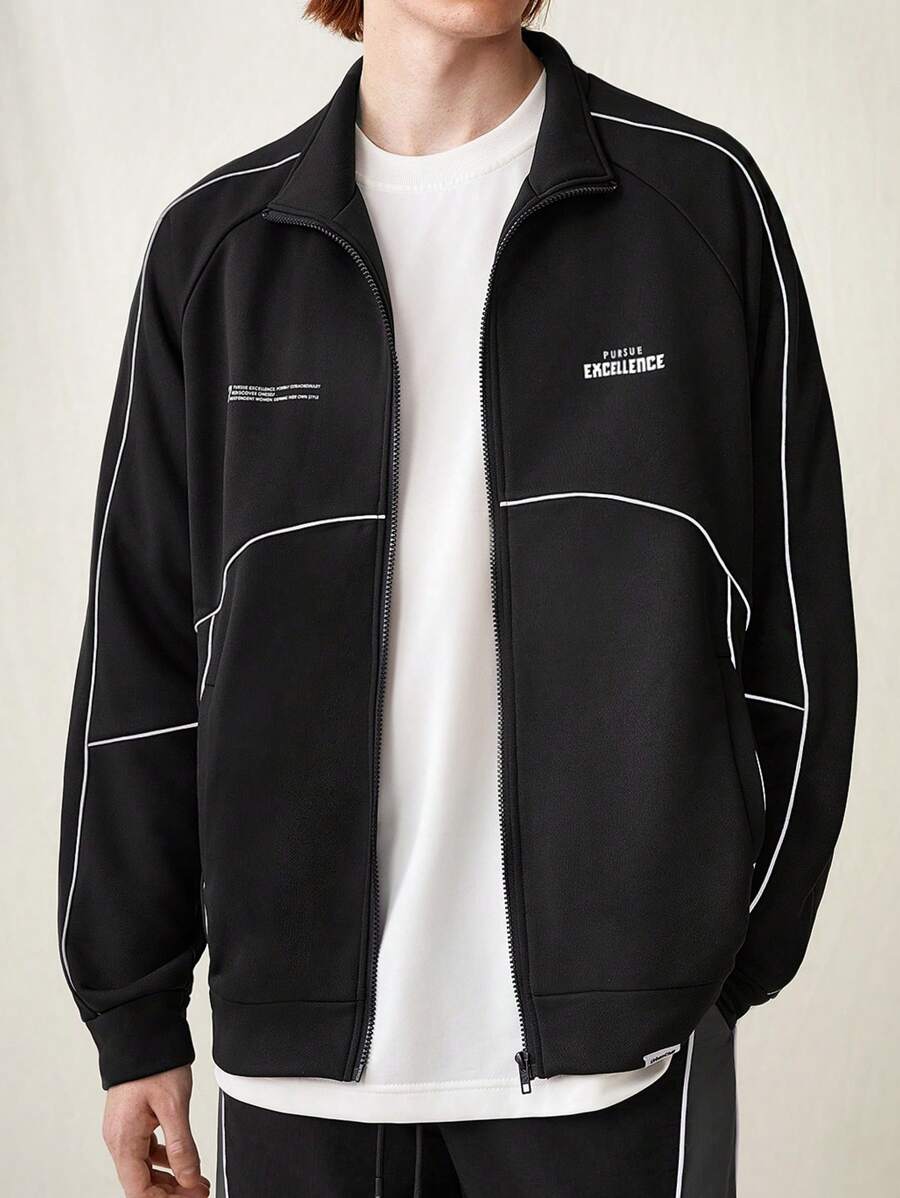 Manfinity VCAY Men's Fashionable Knitted Reflective English Letter Print Zipper Up Long Sleeve Casual Sweatshirt, For Fall Winter - Black - View 1