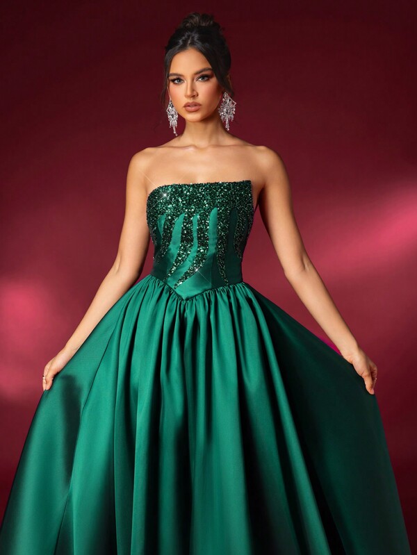 Glamrae Elegant Dark Green Luxe Handmade Beads&Sequins Glossy Satin Gathered Neckline Diamond Swing Dress For Formal Occasions,Weddings,Prom Dinner Parties