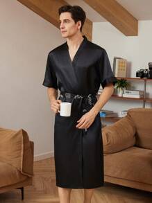 男士純色綁帶緞面浴衣 - 黑色 - 查看 6