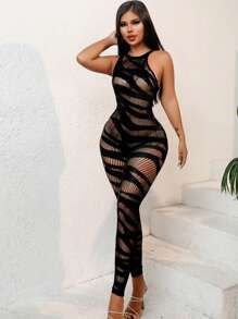 ChaseTheNight 女士性感网眼透视连体裤，适合外出穿着 - 黑色 - 查看 3