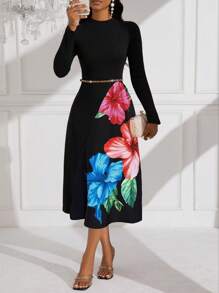 Elenzga 圆领长袖花朵印花夏季束腰长裙女装 - 黑色 - 查看 1