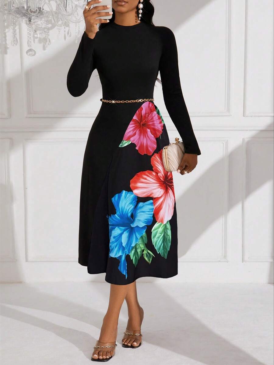 Elenzga 圆领长袖花朵印花夏季束腰长裙女装 - 黑色 - 查看 1