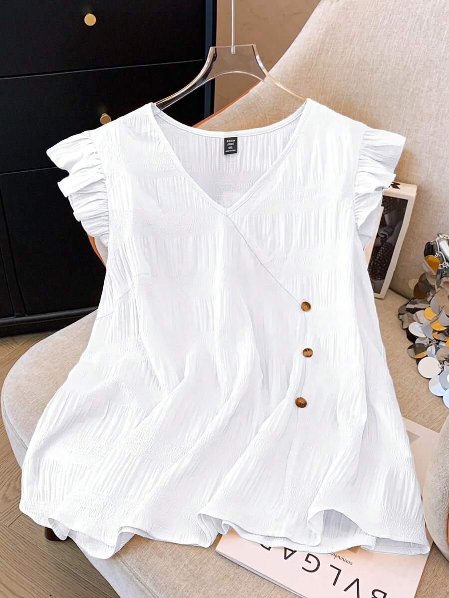 Regalyn Camisa de verano para tallas grandes en tela texturizada de unicolor con dobladillo de volantes