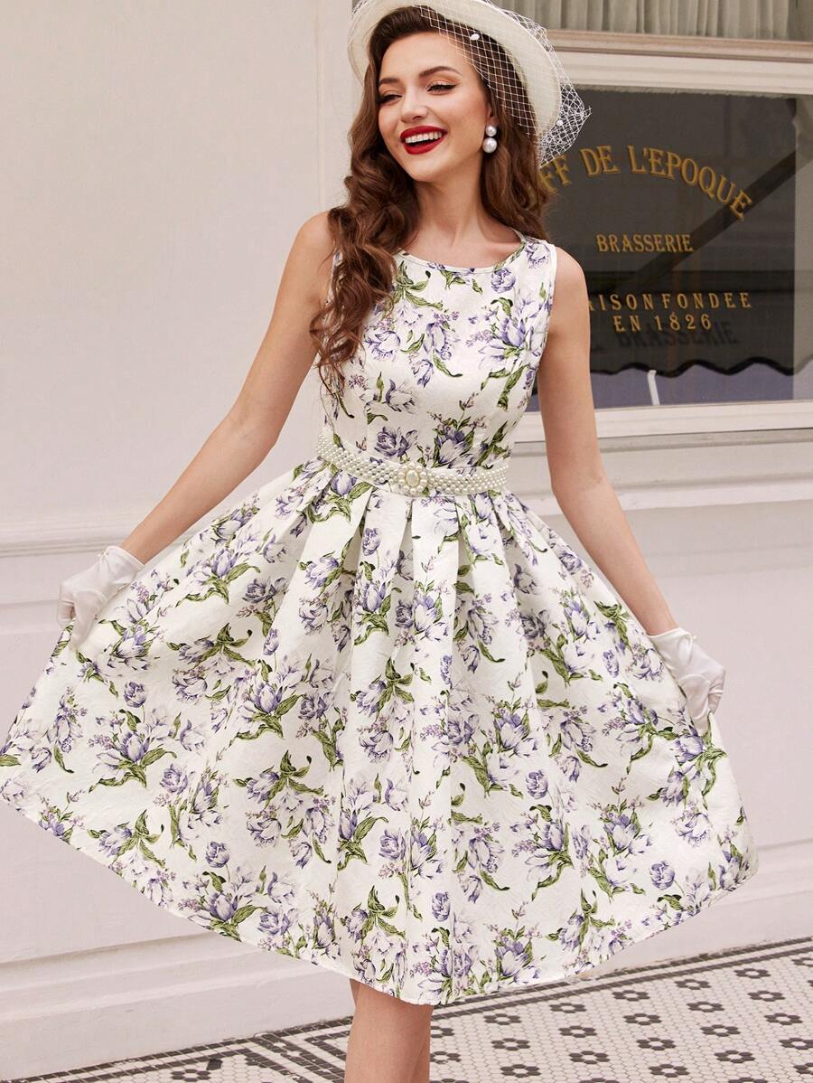 Vintamour Vestido elegante vintage para mujer con estampado floral, sin mangas, cinturón a la cintura, vestido mini primavera/verano con dobladillo de paraguas, vestido para el Día de la Madre, vestido de verano para mujer, vestido de verano, vestido de fiesta de verano, vestido floral de verano para invitada de boda, vestido para carrera de caballos, vestidos, vestido de graduación, vestido de madre de la novia, atuendo del Día de la Madre, vestido blanco de graduación, atuendo de graduación, vestido de princesa, atuendo de boda, vestido de brunch, vestido de fiesta de graduación, vestido verde - Albaricoque - Ver 1